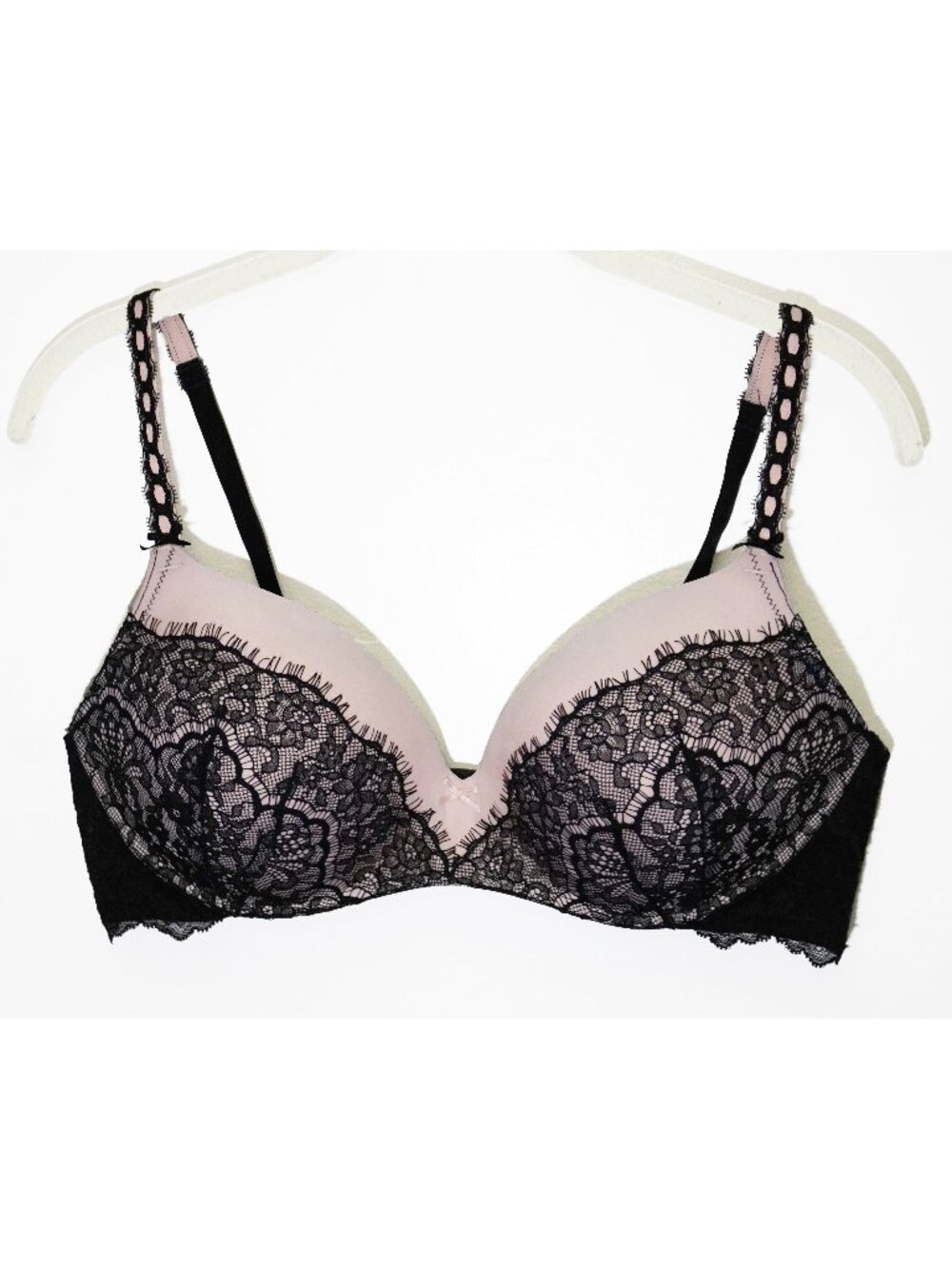 Victoria’s Secret Wireless Pink Black Lace Bow Bra Womens 32DD
